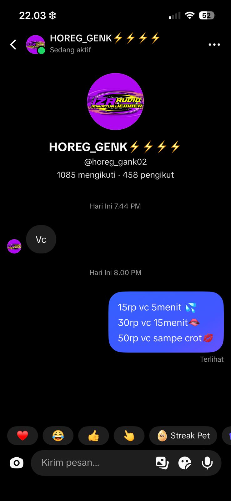 Tiktok @horeg_gank02, mengajak seseorang melakukan vcs